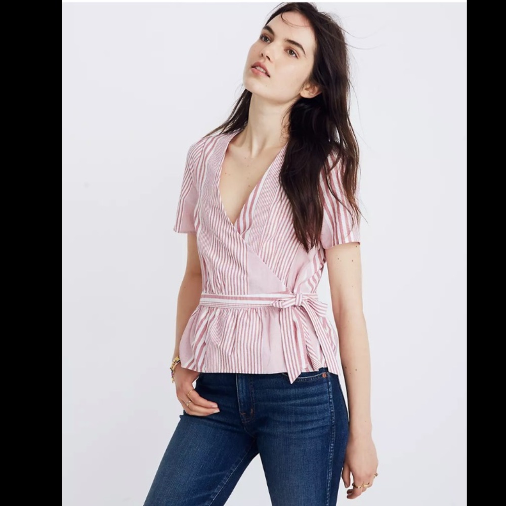 MADEWELL Ruffle-Hem Wrap Top in Stripe Mix